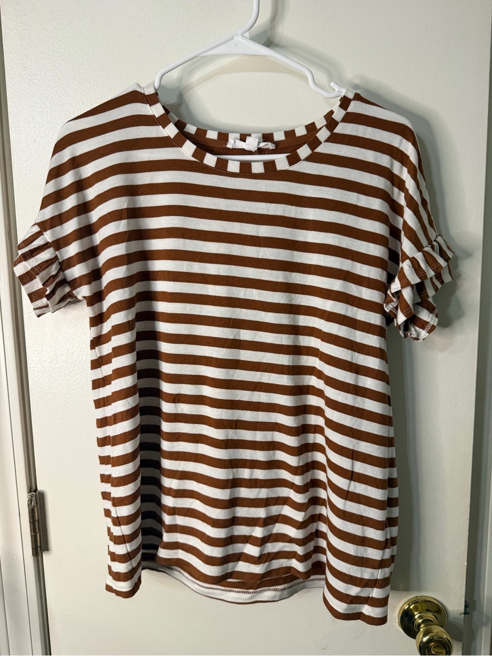 Jane and Delancey Brown and White Striped Ruffle Sleeve Top
